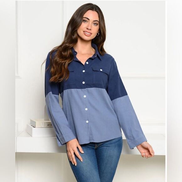 Women’s long sleeve front pocket button up colorblock top in denim - Picture 2 of 7